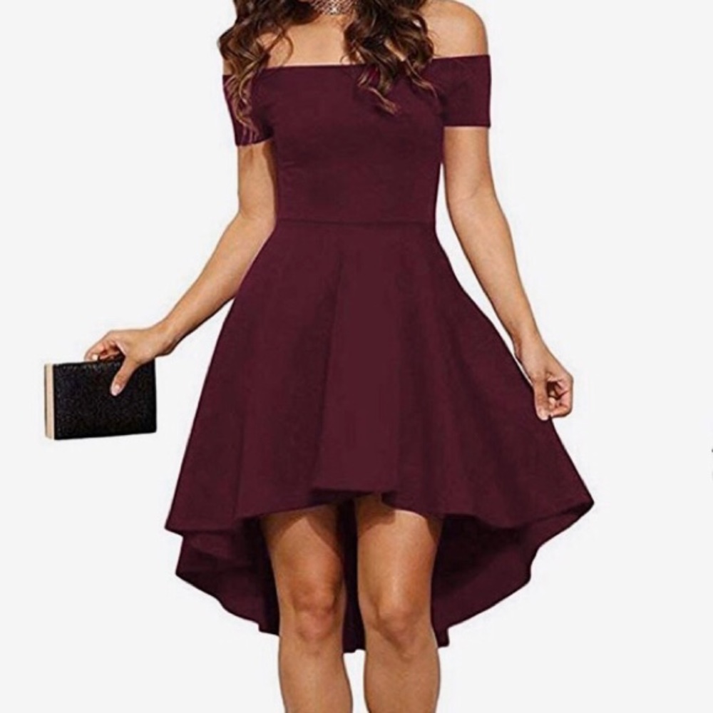 Burgundy High-Low Off the Shoulder Dress